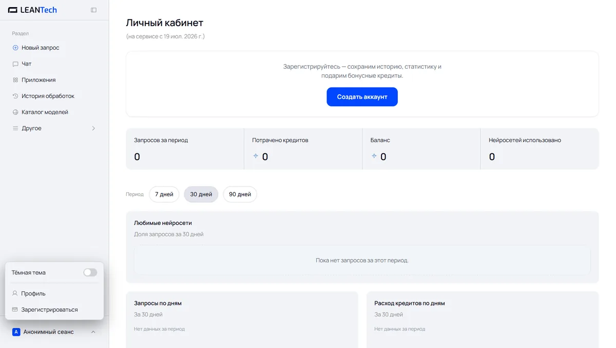 Стартовый экран платформы: выбор нейросети AI Wiz без VPN